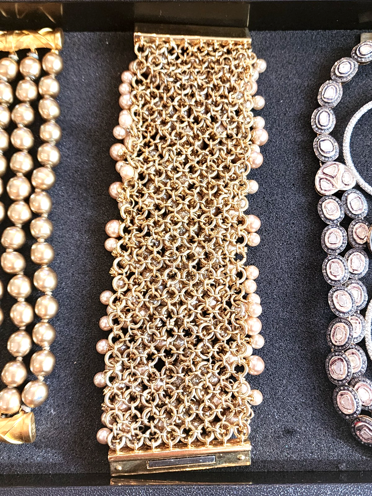 STELLA & DOT Faux Pearl & Crystal Braided Chain  Tone Bracelet