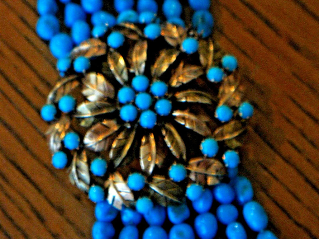 Beautiful 7 Strand Turquoise Bead 6 3/4" Bracelet with 14K Medallion