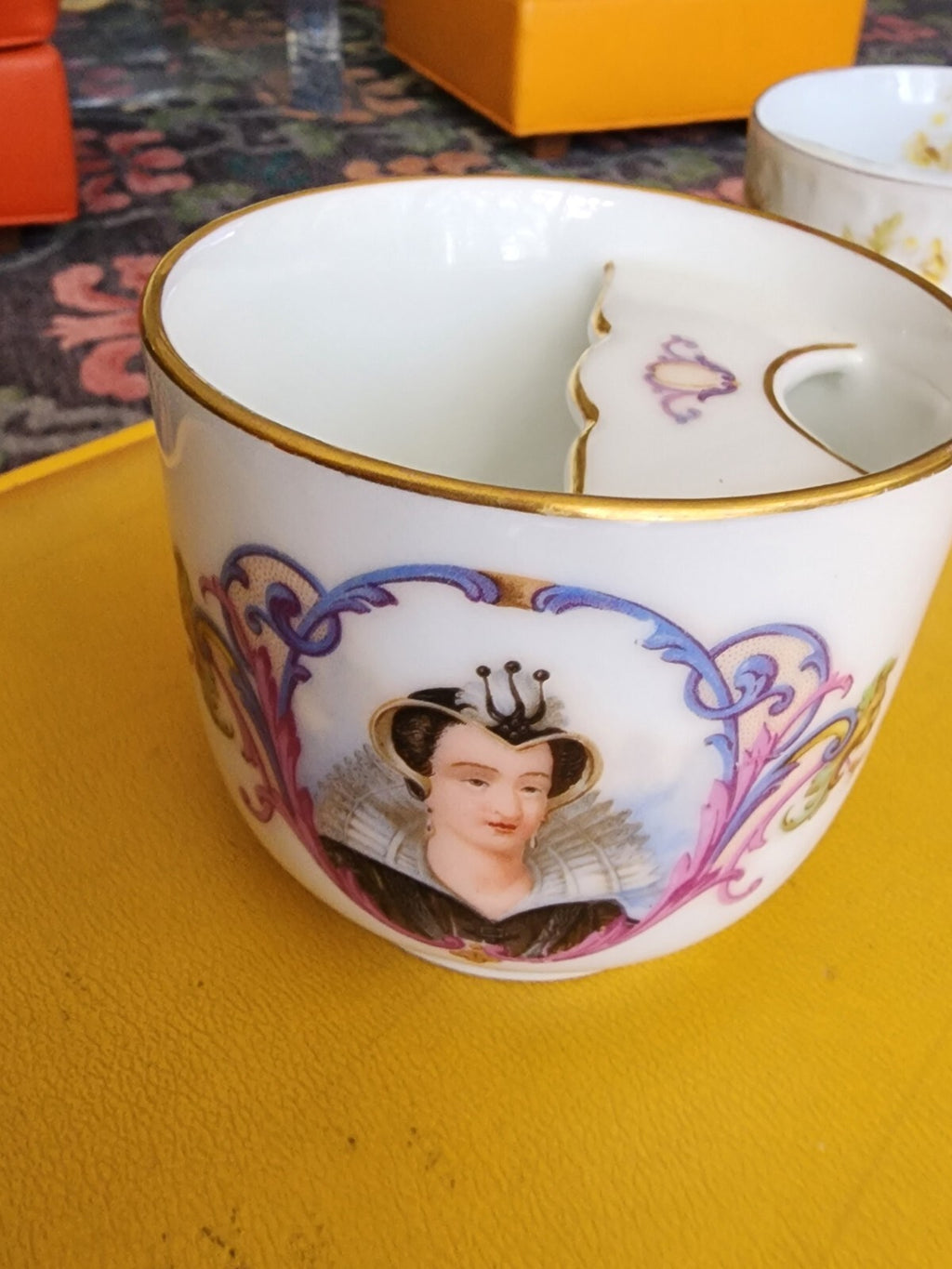 Antique Victorian Lady Portrait Hand Painted Mustache Cup Porcelain Rare