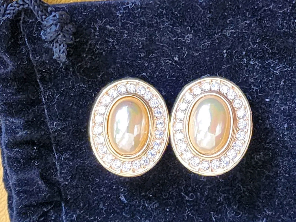 Vintage Roman Brand Signed Oval Faux Pearls Rhinestone Pierced Earrings