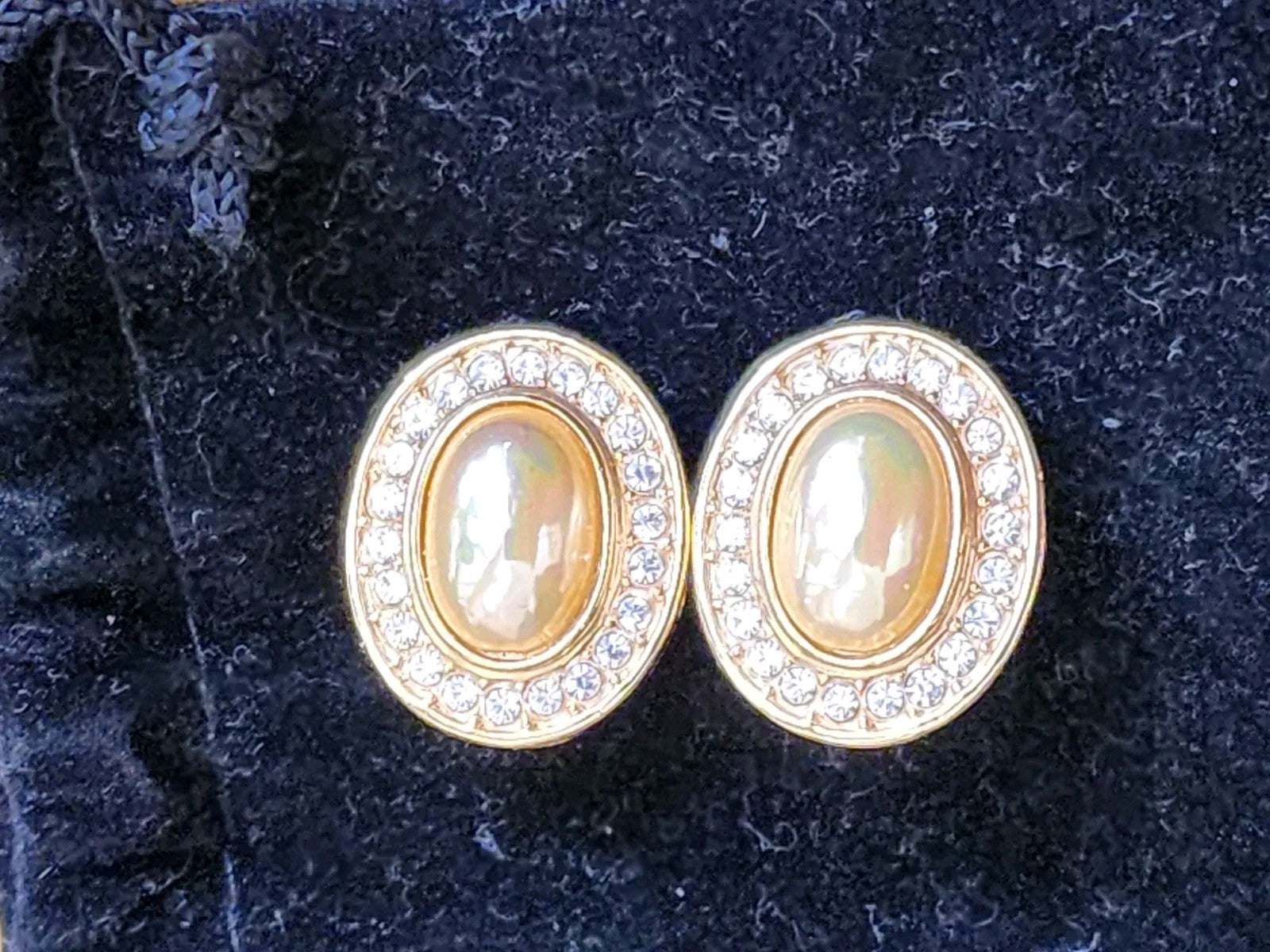 Vintage Roman Brand Signed Oval Faux Pearls Rhinestone Pierced Earrings