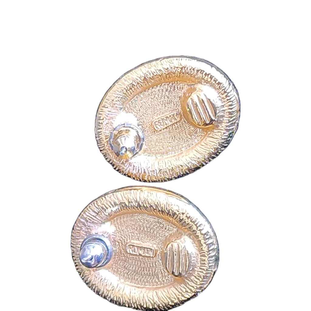 Vintage Roman Brand Signed Oval Faux Pearls Rhinestone Pierced Earrings